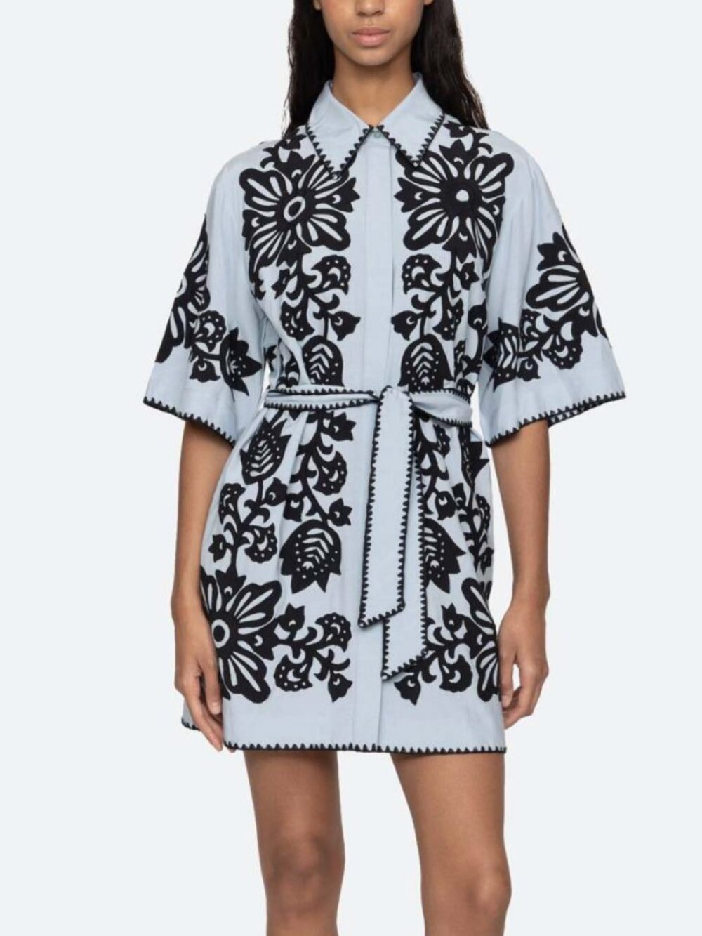 Sea NY Liliana Mini Shirt Dress with Black Floral Appliqué - L